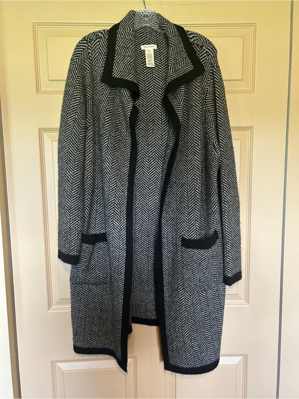 Max Studio Black & White Herringbone Open-Front Trench Coat